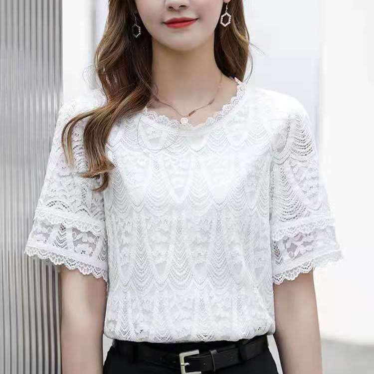 蕾丝短袖上衣女夏2023新款打底衫洋气遮肚子显瘦减龄t恤大码小衫