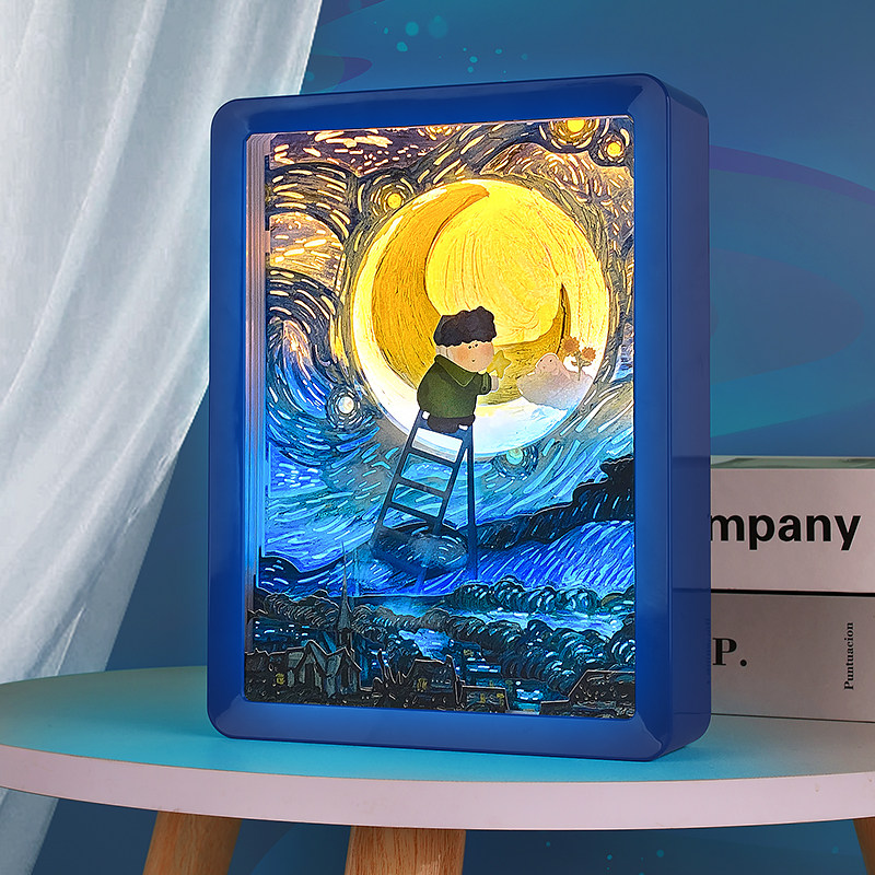 月半胖艺术家3d立体纸雕灯书桌床头装饰台灯蒙娜丽莎梵高可爱摆件