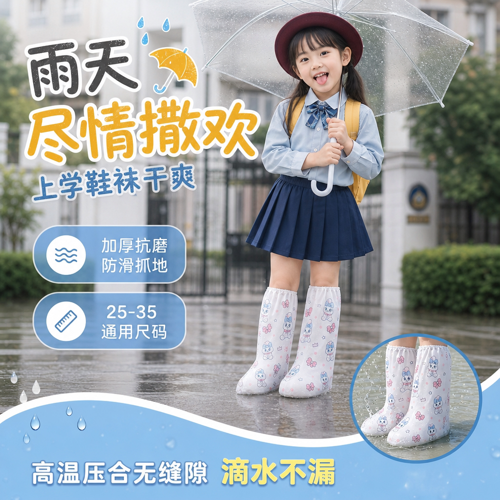 儿童上学一次性防水防滑雨鞋套图片