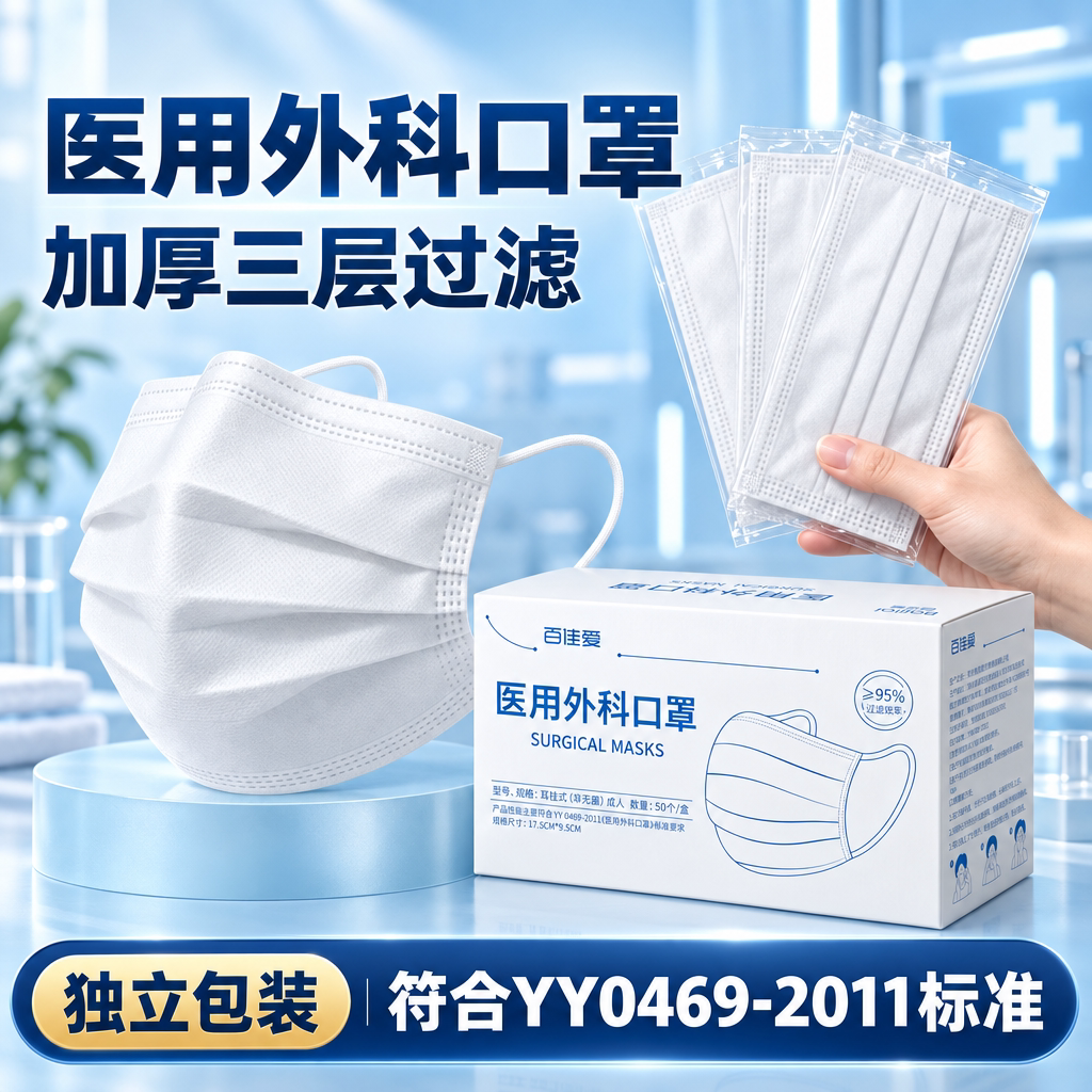 医用外科白色口罩加厚三层防流感一次性单独包装成人不勒耳透气