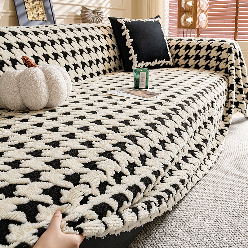 2025新款冬季千鸟格毛绒沙发巾