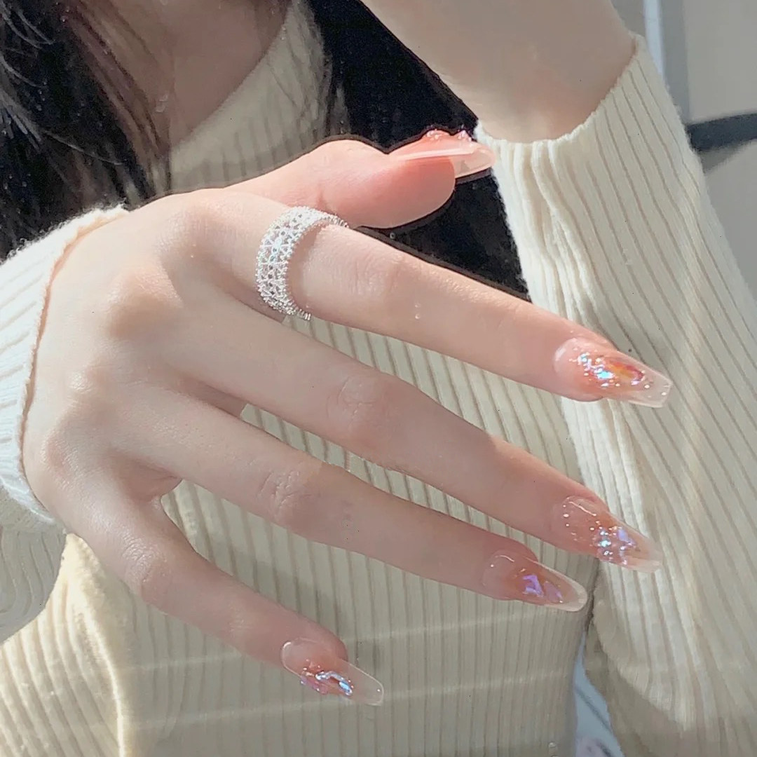 2022新款夏日穿戴甲手工定制成品显白冰糖碎金橘子假指甲美甲贴片