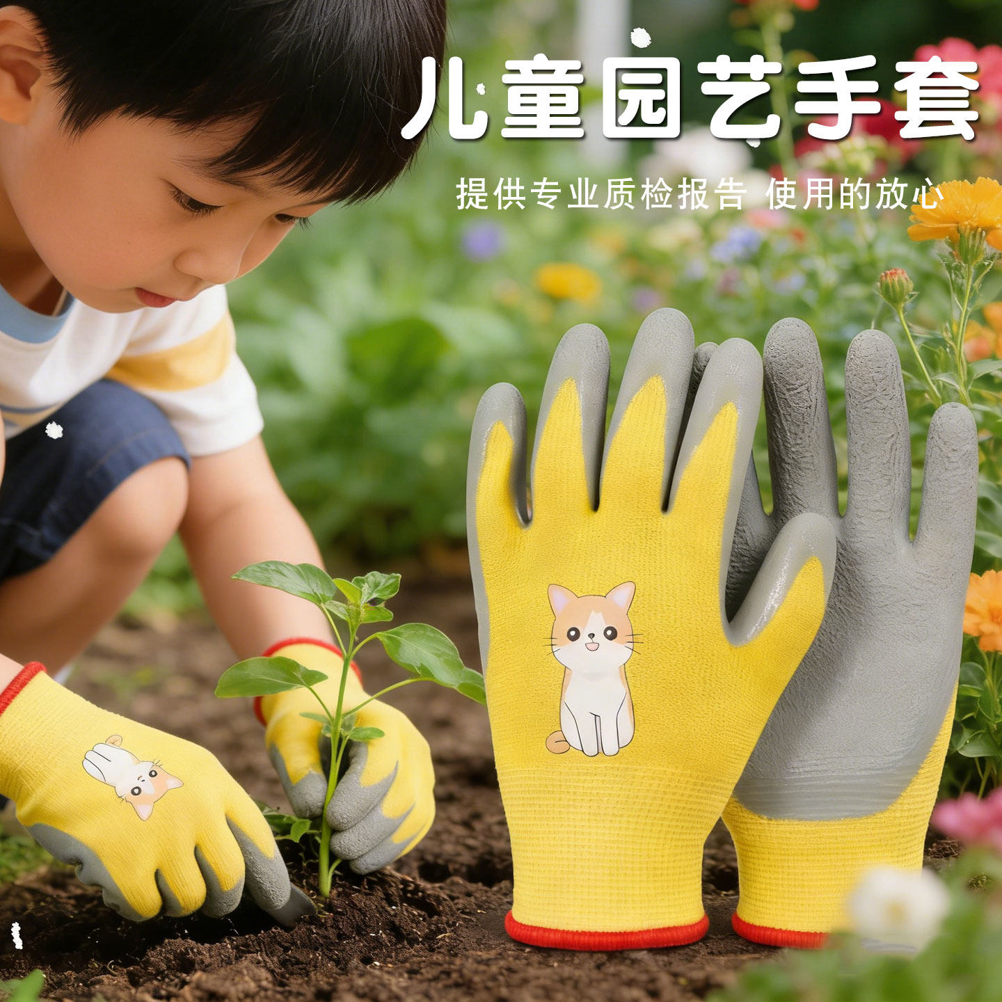 儿童园艺手套防滑防咬防水防扎小动物图案户外防护专用加厚手套