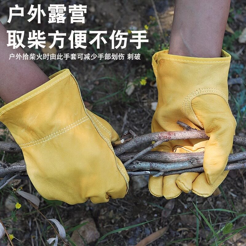 户外野营头层牛皮手套烧烤隔热防烫劳保耐磨防护骑行耐高温手套