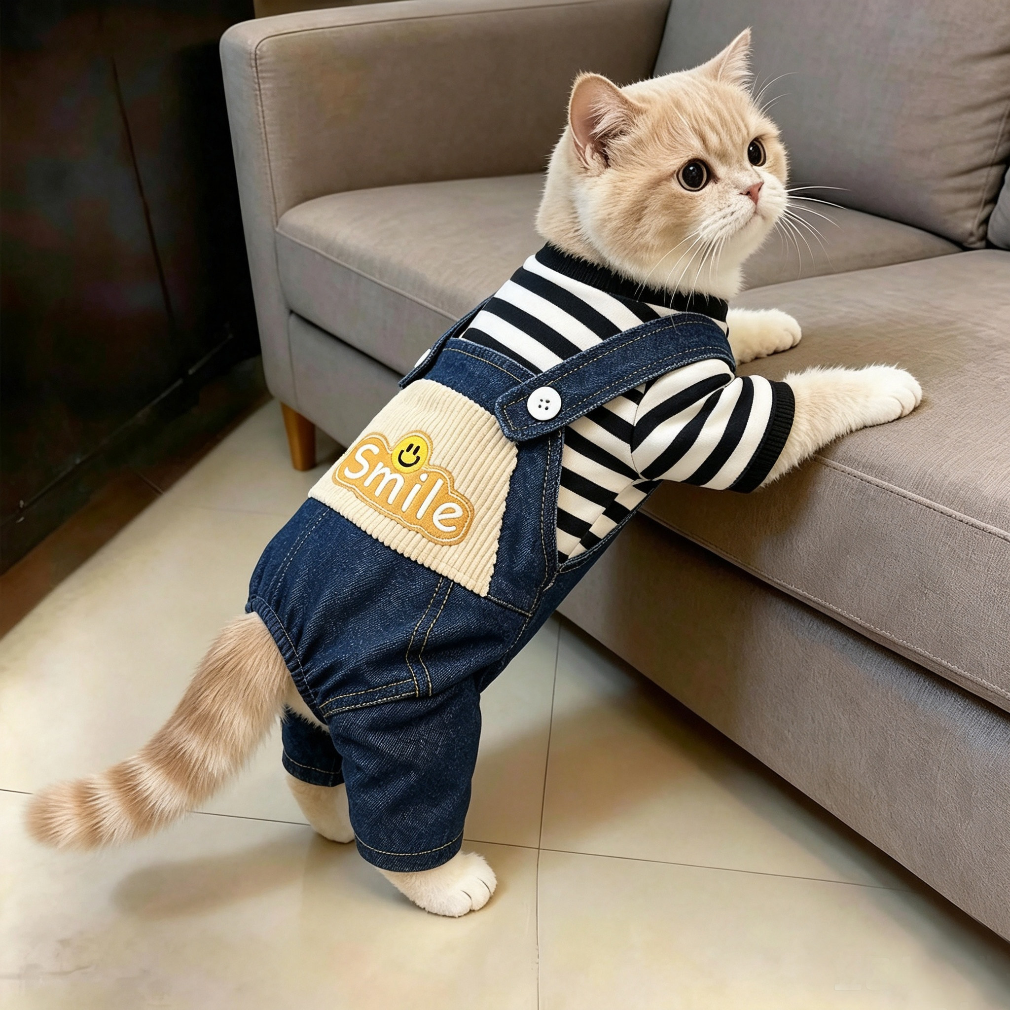 猫咪衣服秋冬款帅气牛仔背带裤