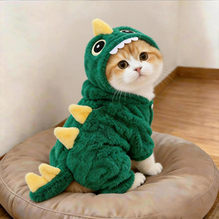 加绒加厚猫咪衣服冬季保暖麻花恐龙四脚衣外出可牵引连帽小猫棉衣