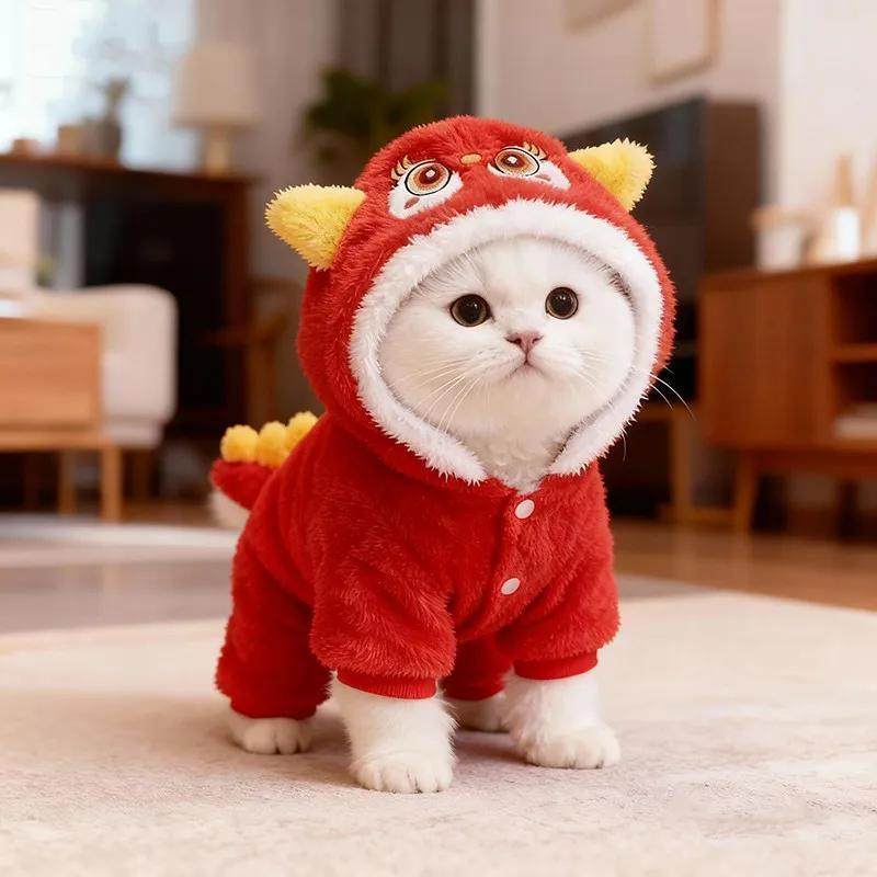 猫咪衣服秋冬保暖新年红狮唐装