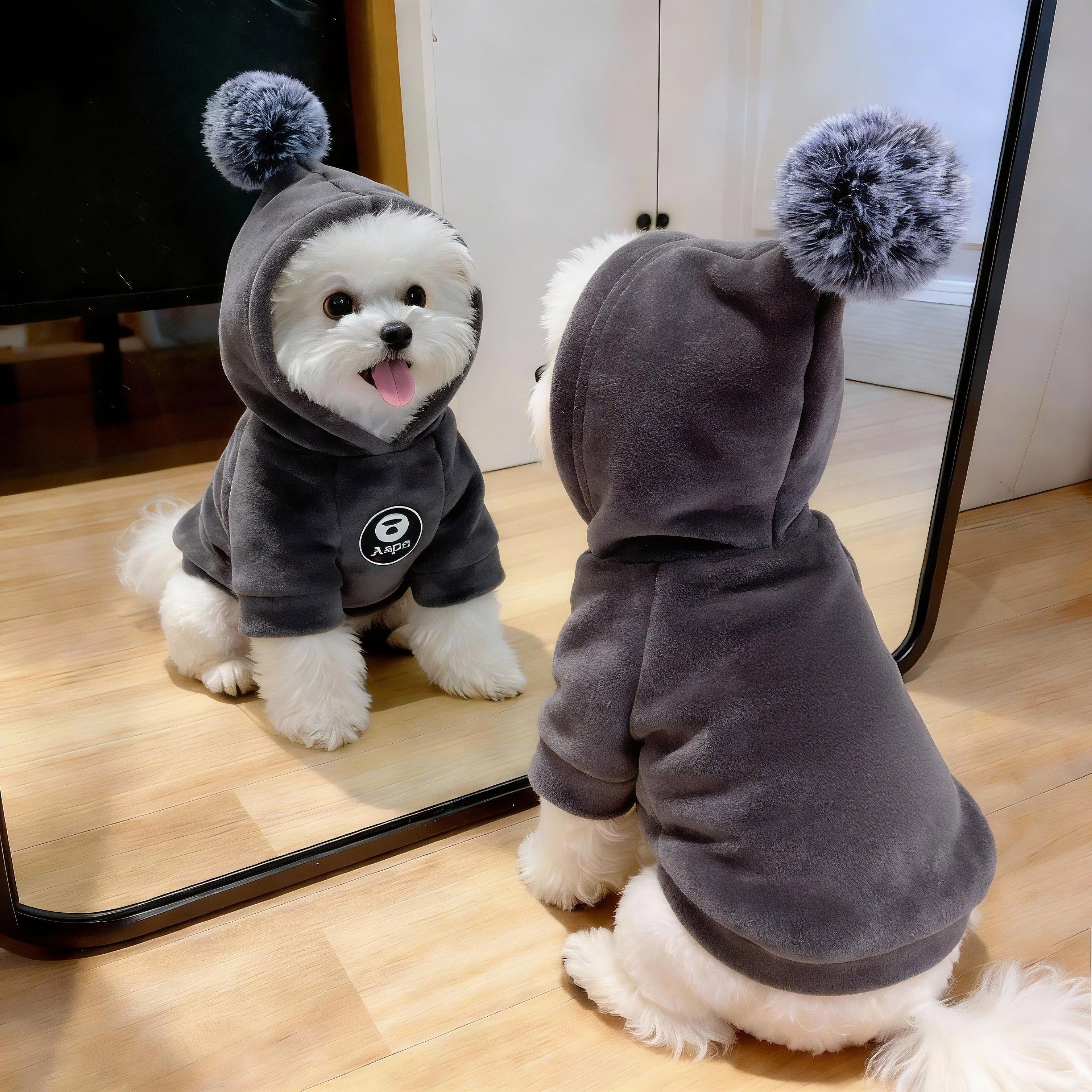 冬季连帽狗狗衣服潮流保暖加绒卫衣泰迪比熊宠物猫咪防寒复合棉衣