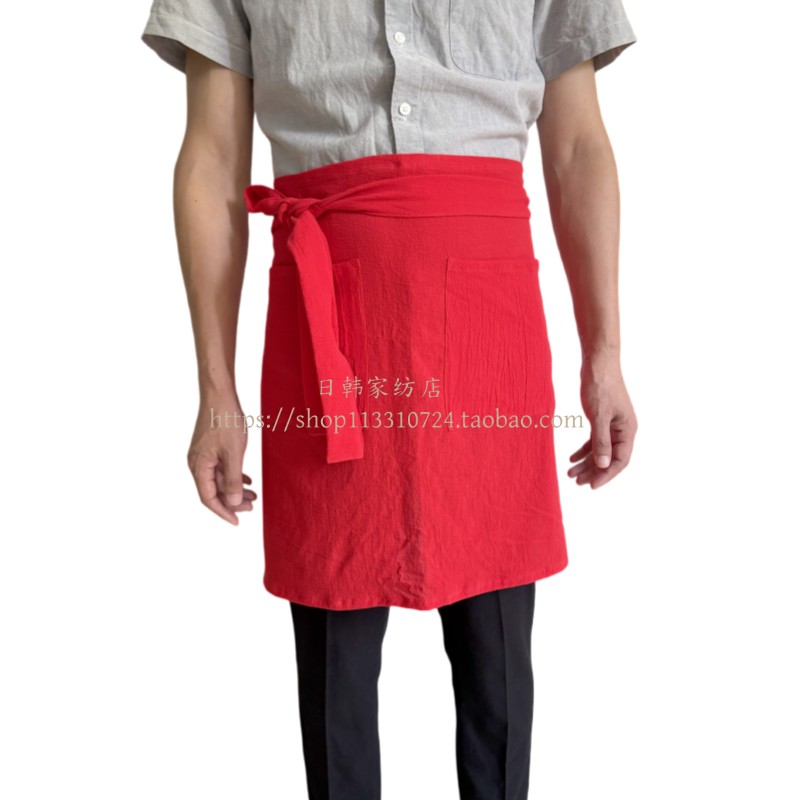 日系文艺棉麻半身围裙工作室咖啡店花艺画室工作服C大红色夏季款