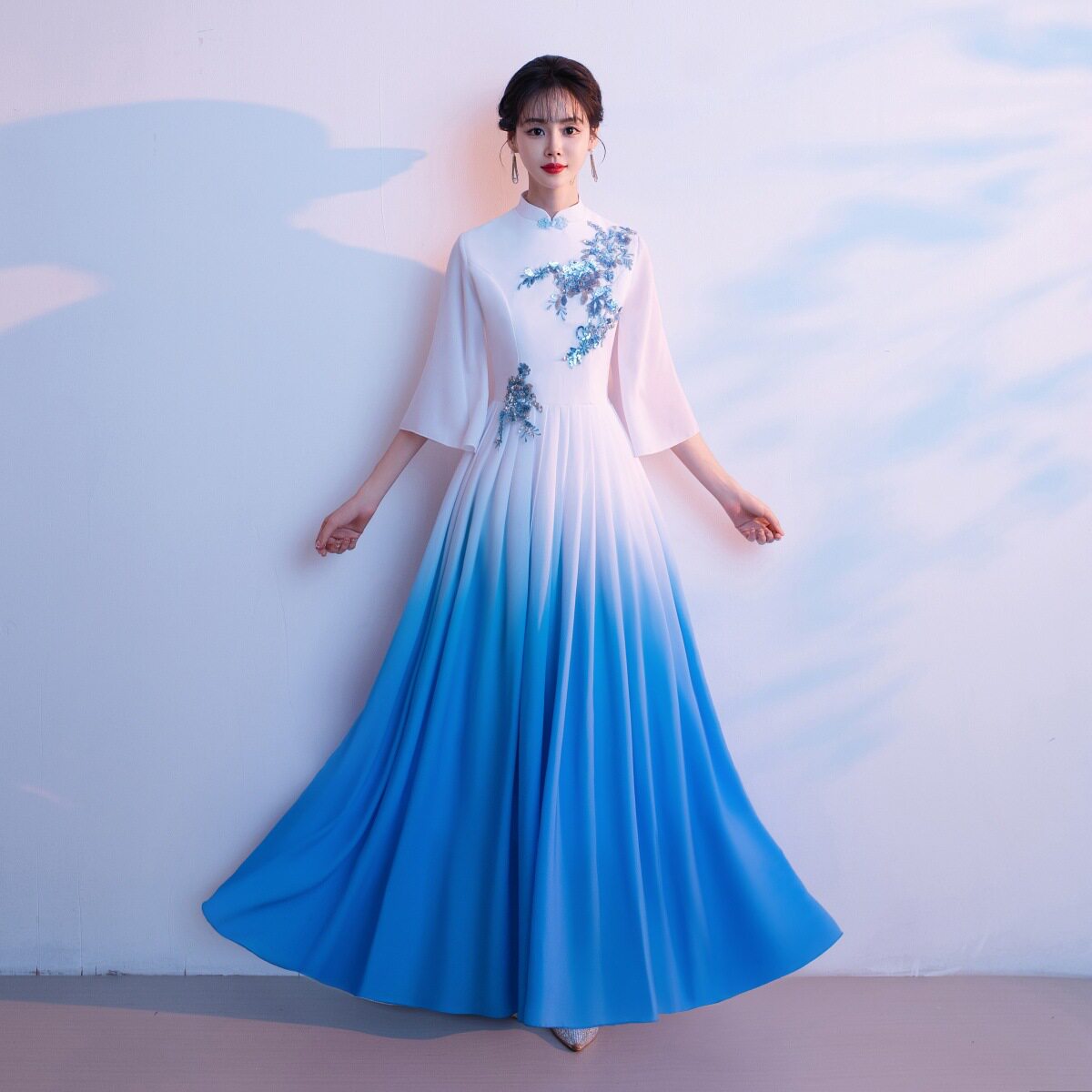 新中式立领大合唱团演出渐变礼服民族服装/舞台装