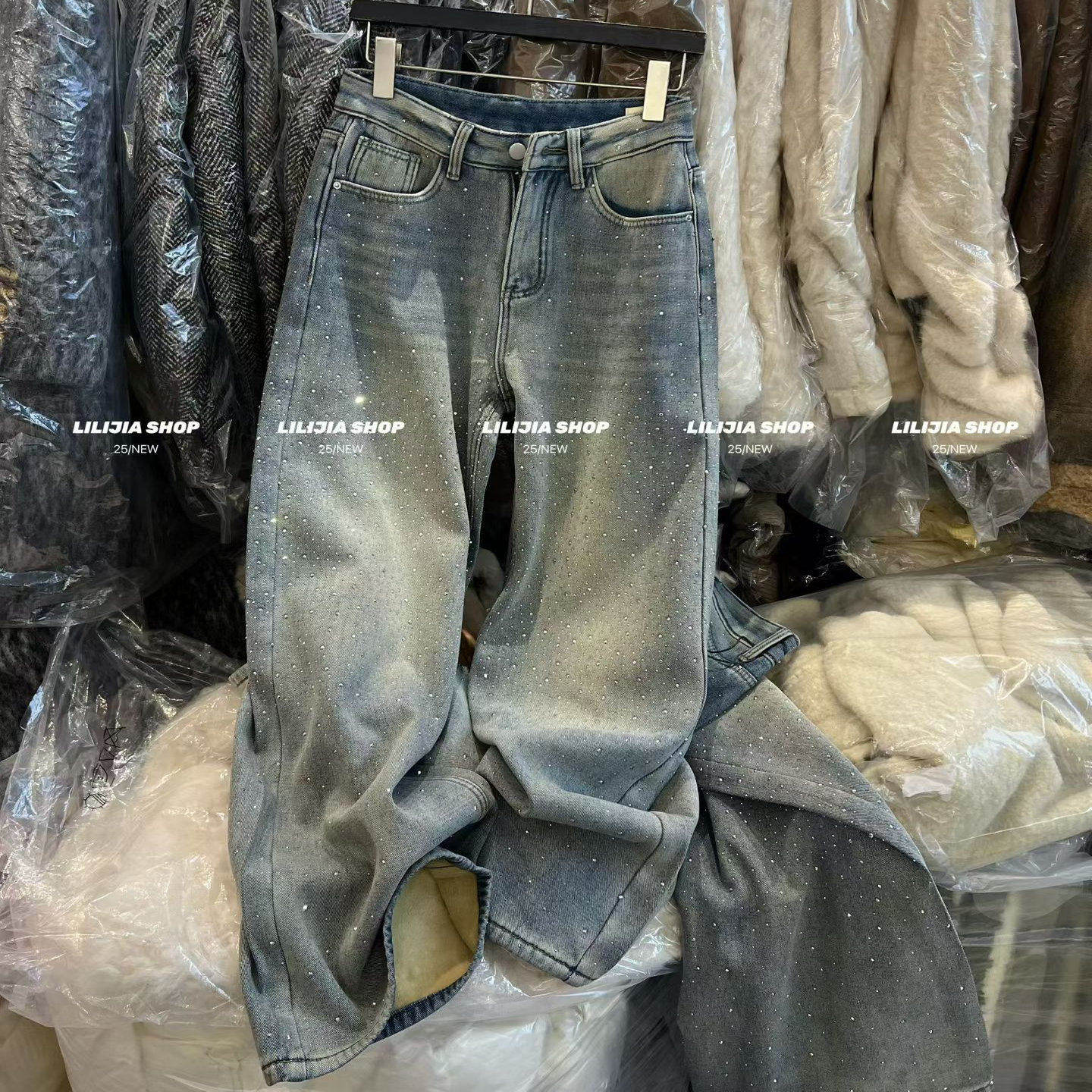 2026春季新款满天星重工烫钻高腰宽松阔腿牛仔裤女百搭洋气长裤潮