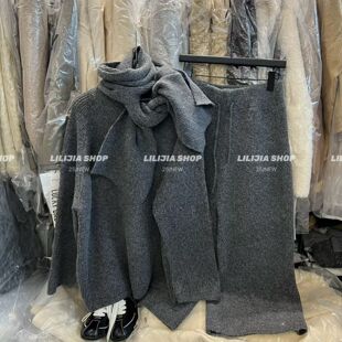 【五折】新款慵懒风高领毛衣女灰色围巾百搭休闲裤三件套洋气套装
