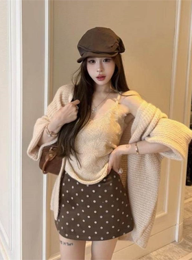 网红秋季V领针织开衫三件套女