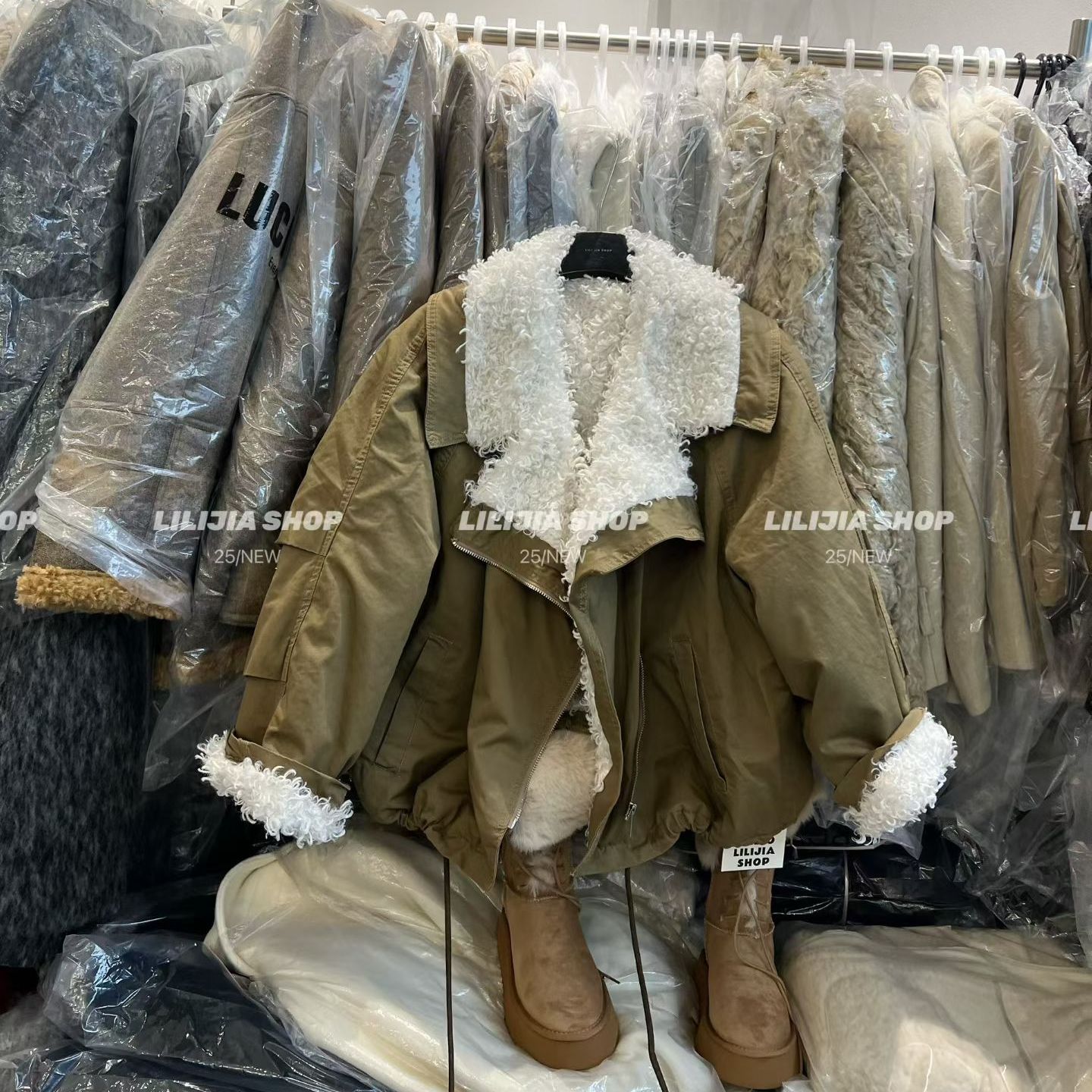 冬季羊羔毛翻领派克外套加厚保暖