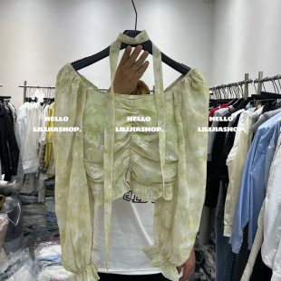 【五折】法式一字肩泡泡袖水墨晕染雪纺长袖衬衫女春夏设计感韩