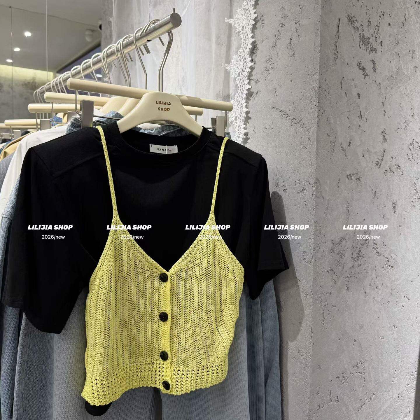 韩版镂空针织开衫背心吊带女时髦洋气内搭短袖修身叠穿外搭两件套