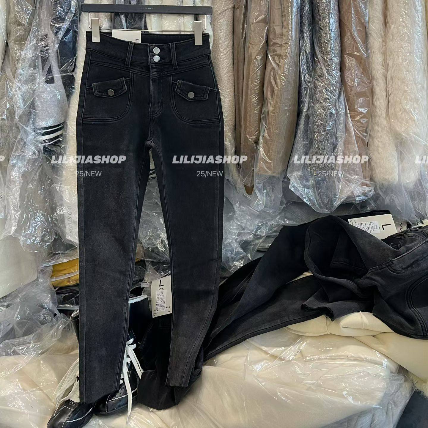 超高腰显瘦黑色牛仔裤女双扣设计紧身弹力九分铅笔裤配靴子小脚裤