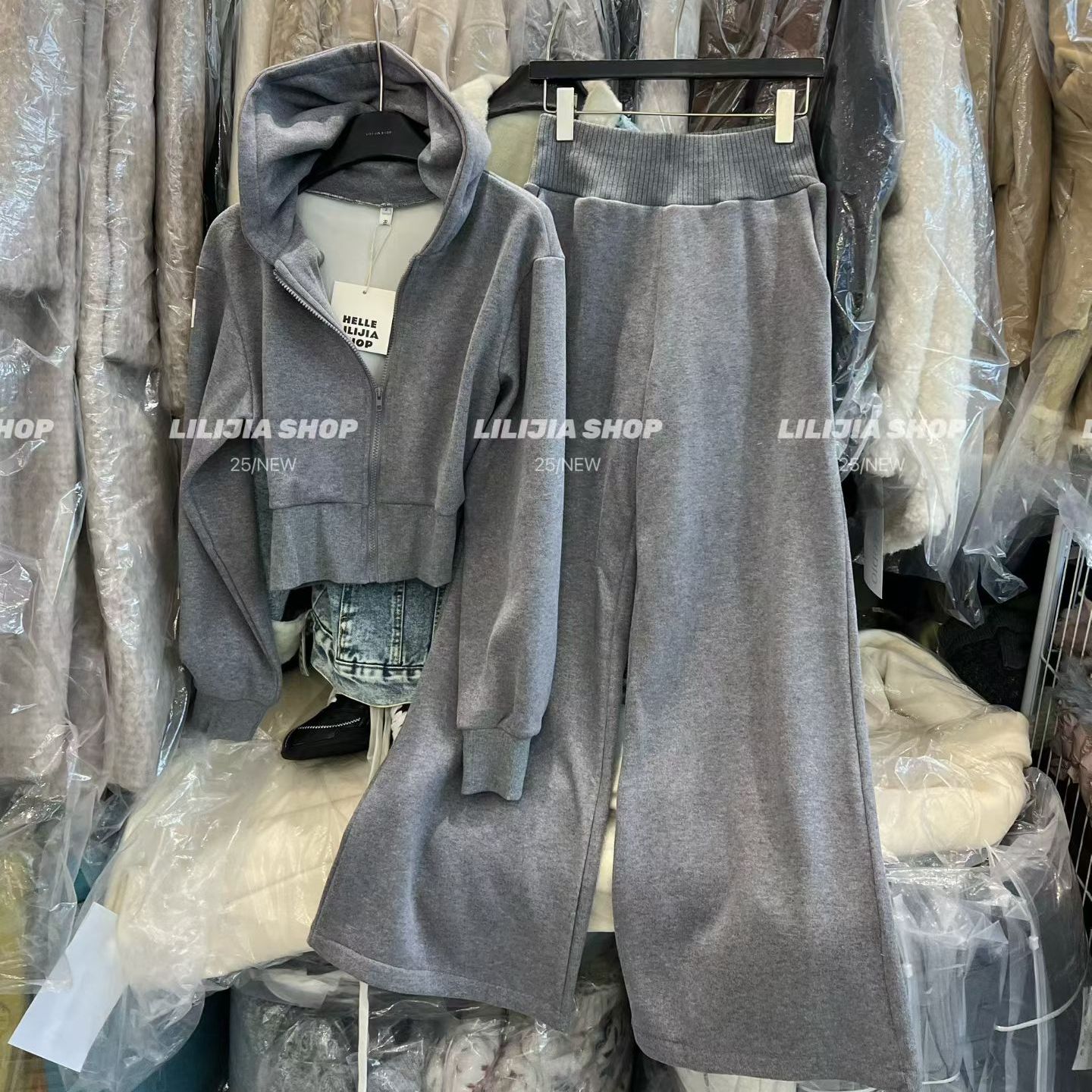 灰色韩版宽松连帽卫衣套装