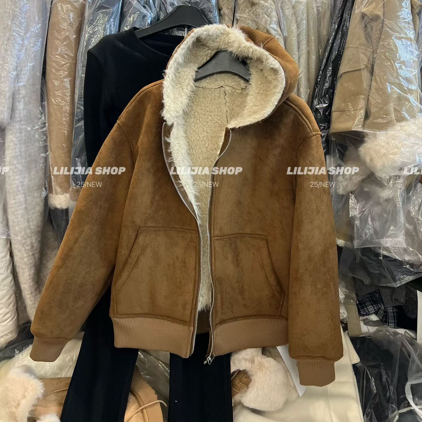 美拉德皮毛一体连帽中长款夹克