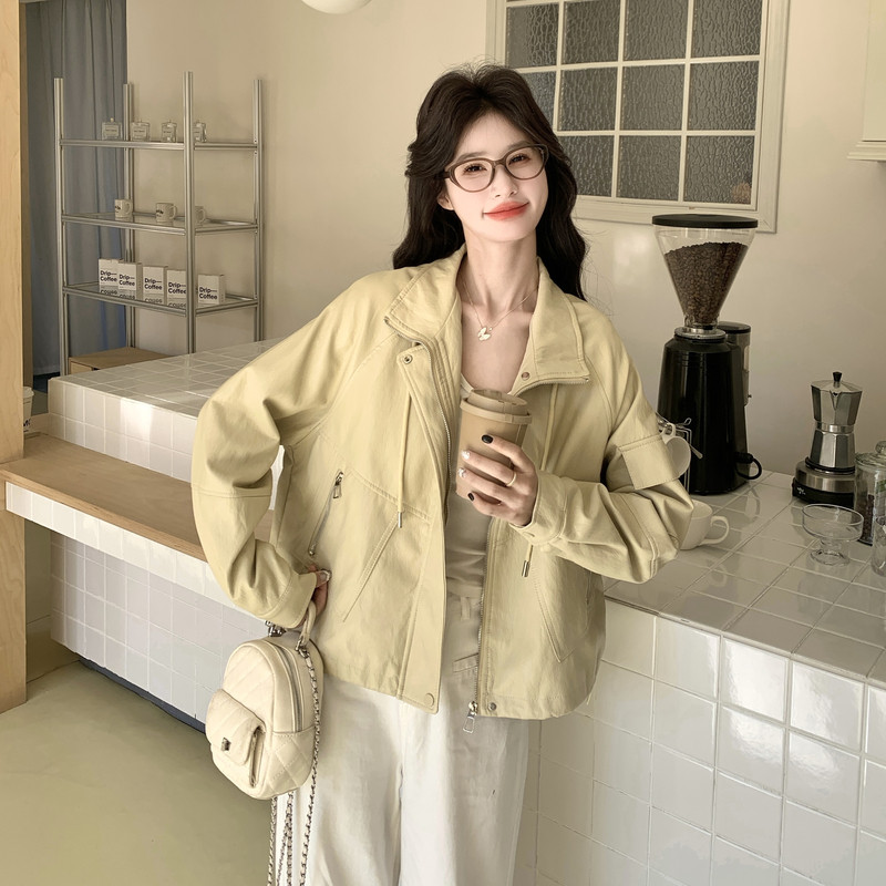 2026春季新款现货韩版立领抽绳宽松皮衣外套1535218P160K258，女装皮衣，浙宝153