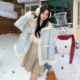 冬季新款现货珍珠扣蓝色皮毛一体外套1532488P185K278，女装短外套，浙宝153