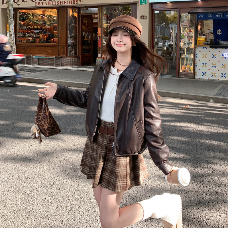 2026春季新款现货韩版牛仔领拼皮衣外套1535209P150K248,女装皮衣,浙宝153