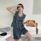 新款现货牛仔提花斜襟扣马甲短裤套装1532450P135KK198，女装套装/套裙，浙宝153
