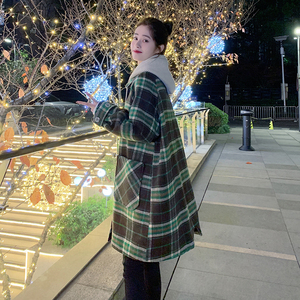 现货加棉冬装针织帽格子中长款呢大衣女1538258P185控268图片