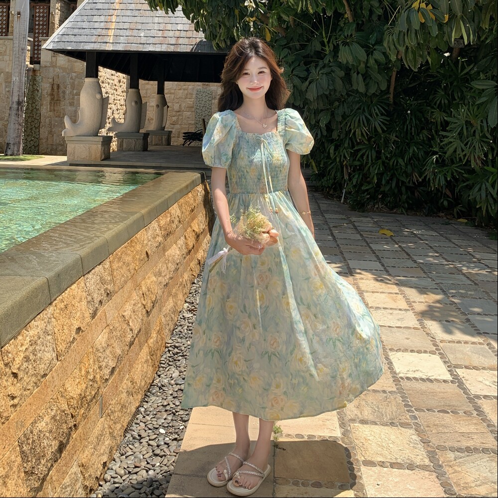 夏季新款现货法式油画泡泡袖连衣裙1532627P125K188,女装连衣裙,浙宝153