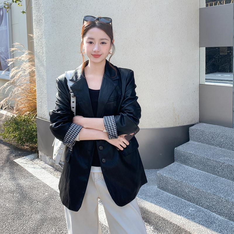 2026春季新款现货韩版格纹拼接西装皮衣外套1535213P155K248,女装皮衣,浙宝153