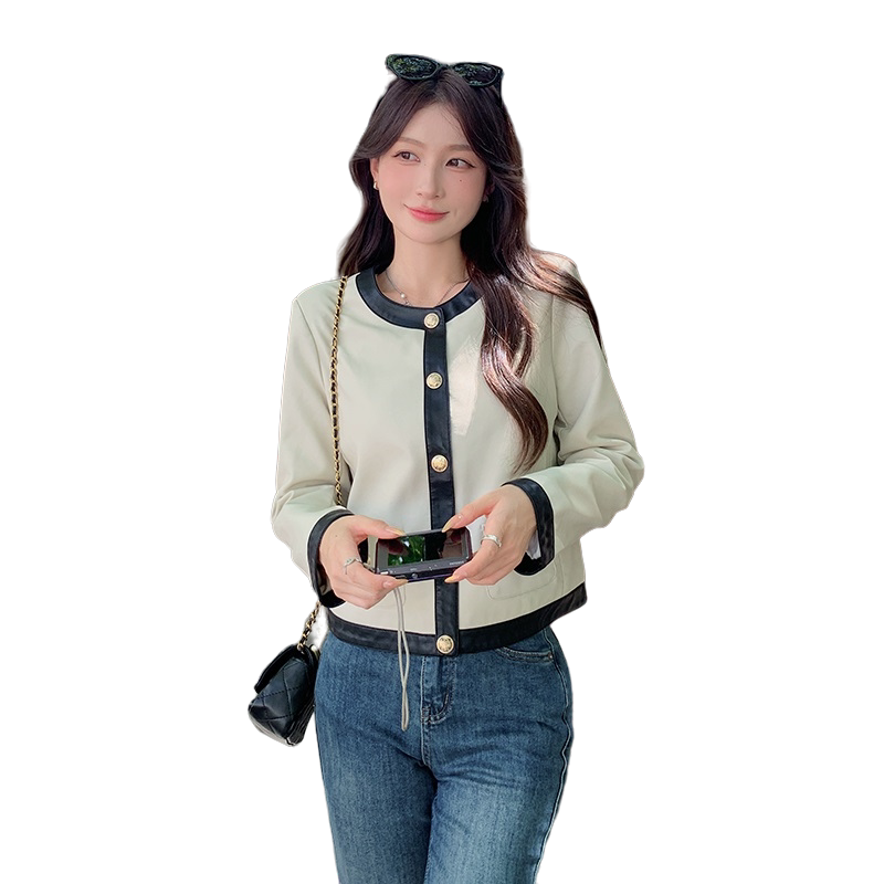 秋季新款现货拼色短款皮衣外套1532463P130K188,女装皮衣,浙宝153