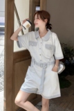 韩版撞色短袖工装牛仔连体裤女2025夏季新款盐系收腰显瘦阔腿短裤，女装连衣裙，浙宝153