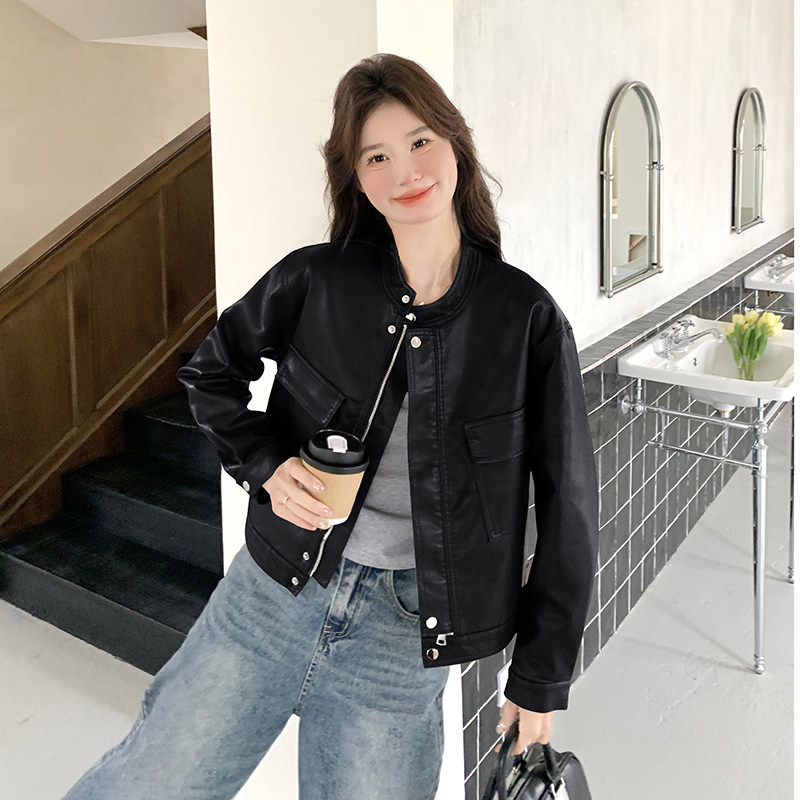 春季新款现货短款立领设计感皮衣外套1532607P130K198,女装皮衣,浙宝153