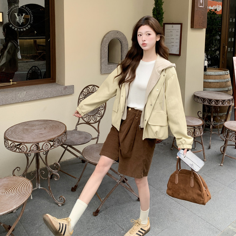 2026新款现货韩版宽松连帽假两件皮衣外套1535217P165K268，女装皮衣，浙宝153