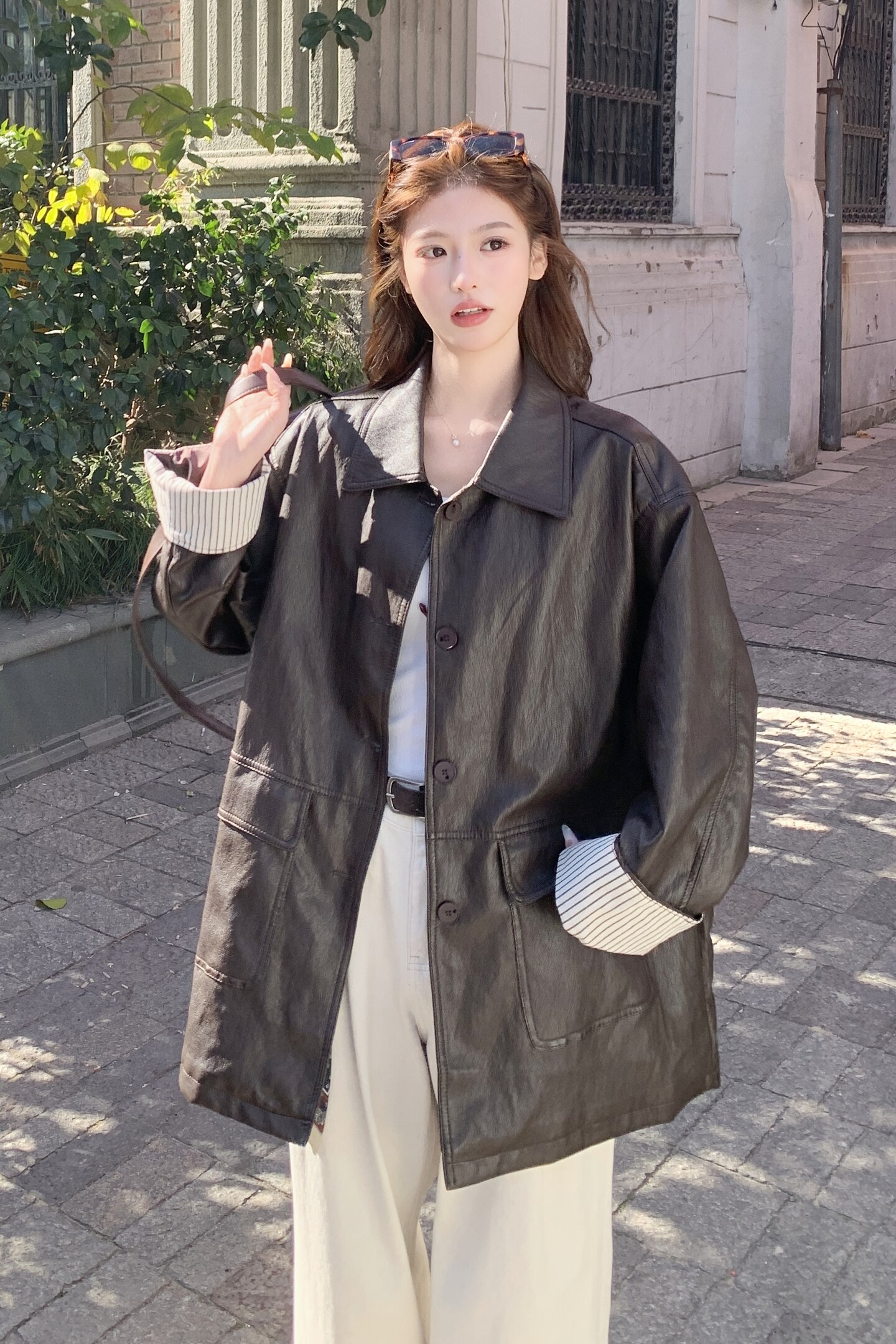 2026新款现货韩版条纹拼接西装皮衣外套风衣1535219P165K268,女装皮衣,浙宝153