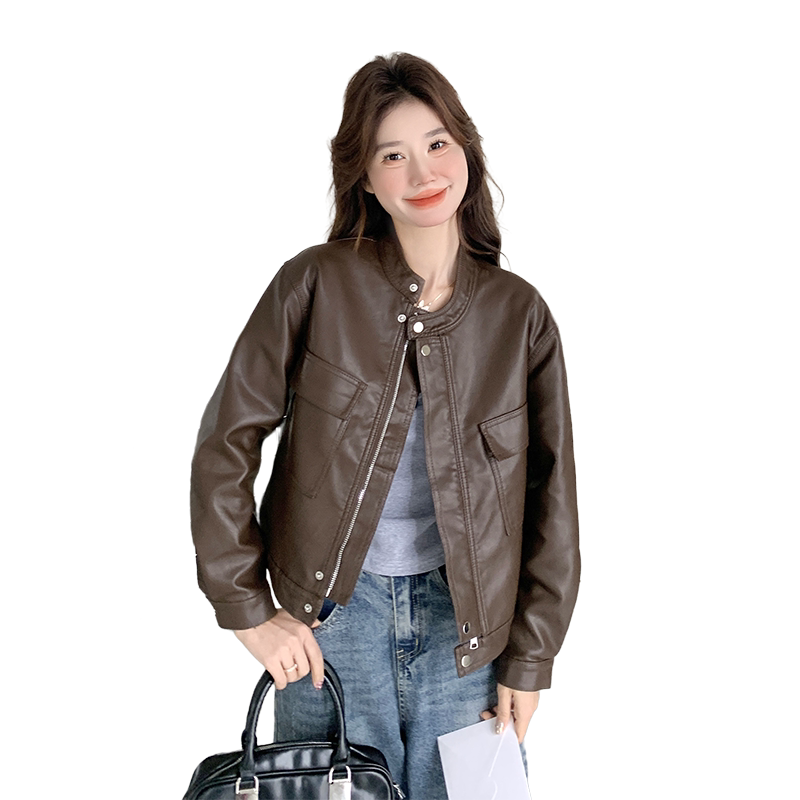 春季新款现货短款立领设计感皮衣外套1532607P130K198,女装皮衣,浙宝153