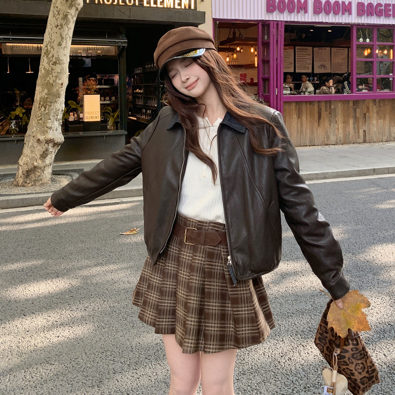 2026春季新款现货韩版牛仔领拼皮衣外套1535209P150K248，女装皮衣，浙宝153