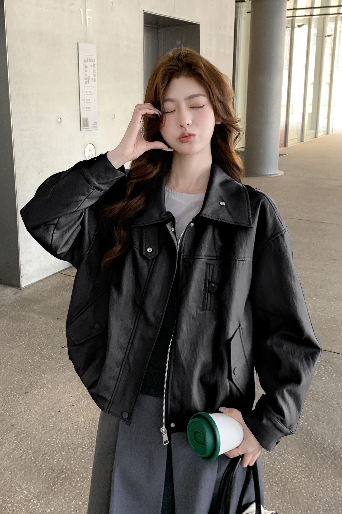 2026新款现货韩版宽松皮衣外套1535221P160K258,女装皮衣,浙宝153