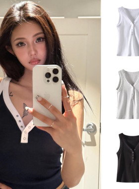 af女装夏季经典螺纹钮扣纯色修身V领背心女打底无袖纯棉上衣外穿