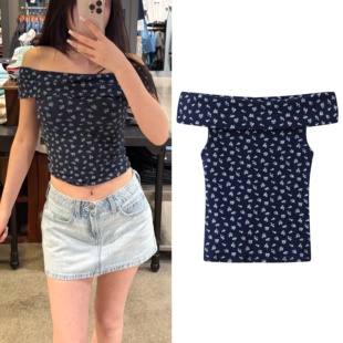 小海鸥法式碎花纯欲风一字肩短袖上衣女夏季露肩设计感小众衬衫