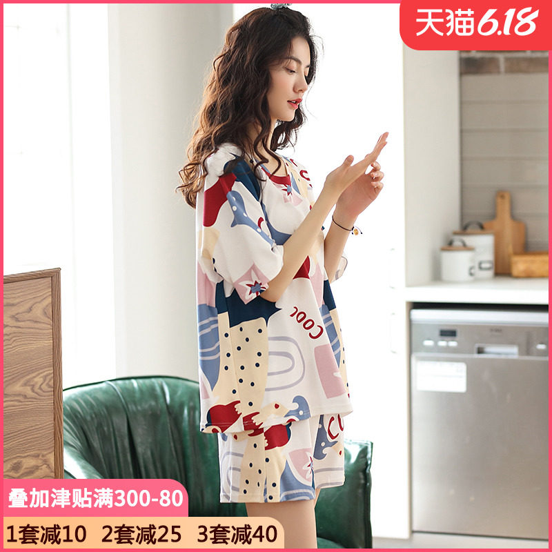 睡衣女夏季薄款纯棉宽松大码夏天可爱短袖短裤胖MM家居服两件套装