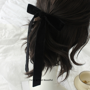 范拉手作韩式黑色丝绒蝴蝶结飘带发圈秋冬新款高级感简约发绳头绳