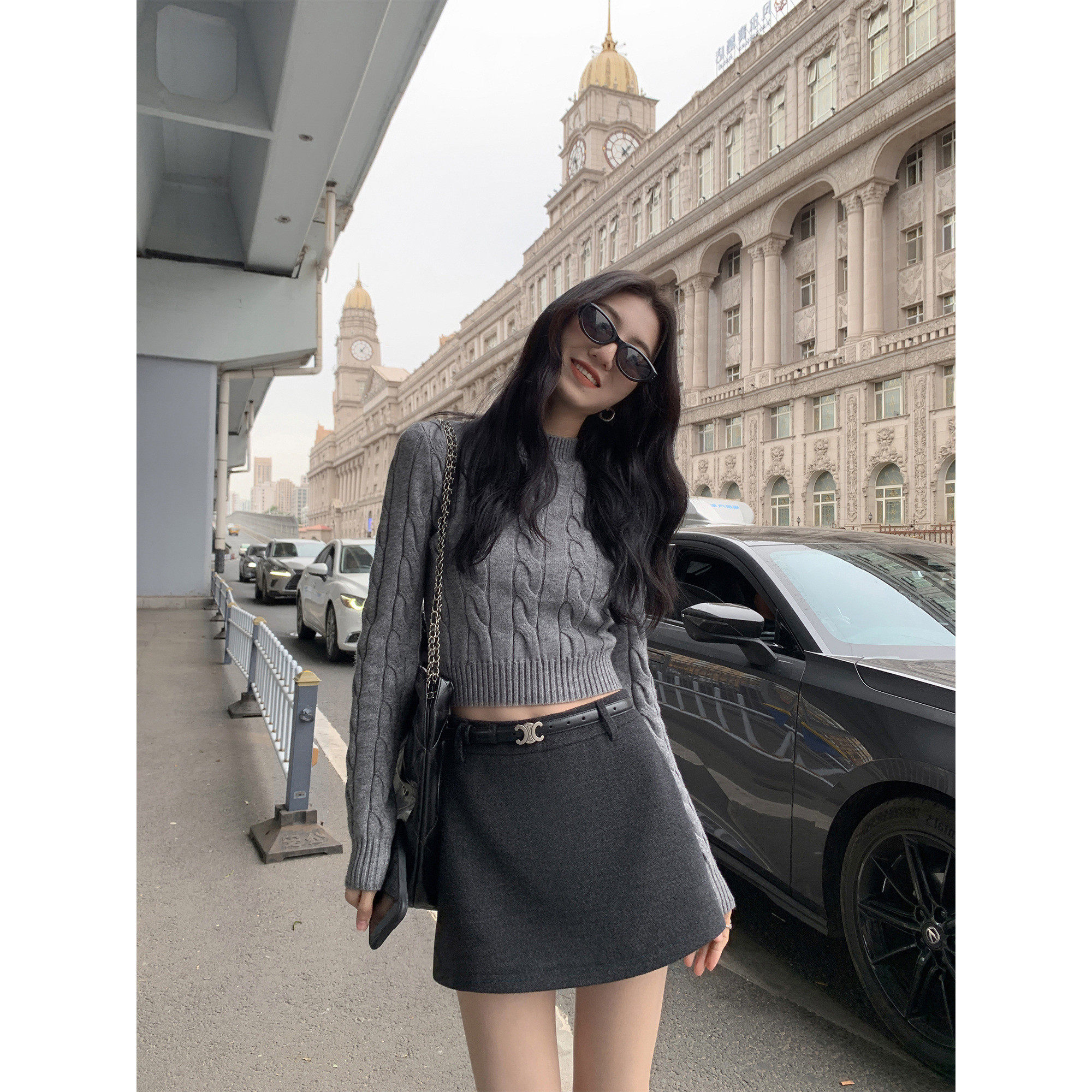 春装韩系时尚套装女毛呢a字短裙半身裙短款针织衫麻花毛衣两件套