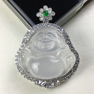 俄罗斯白冰玻璃种高冰佛公吊坠S925银镶嵌弥勒佛项链大肚笑佛挂件