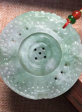 缅甸翡翠a货糯种飘花双面镂空转运玉佩玉坠圆形时来运转吊坠挂件