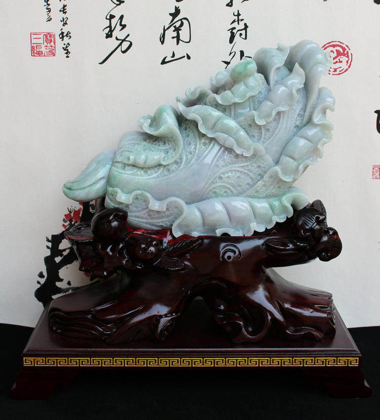 缅甸翡翠糯种白菜摆件百财如意收银台办公室家居摆件艺术品送证书