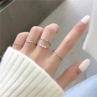 指環網紅尾戒 戒指女日韓簡約ins珍珠波浪形組合戒指五件套個性