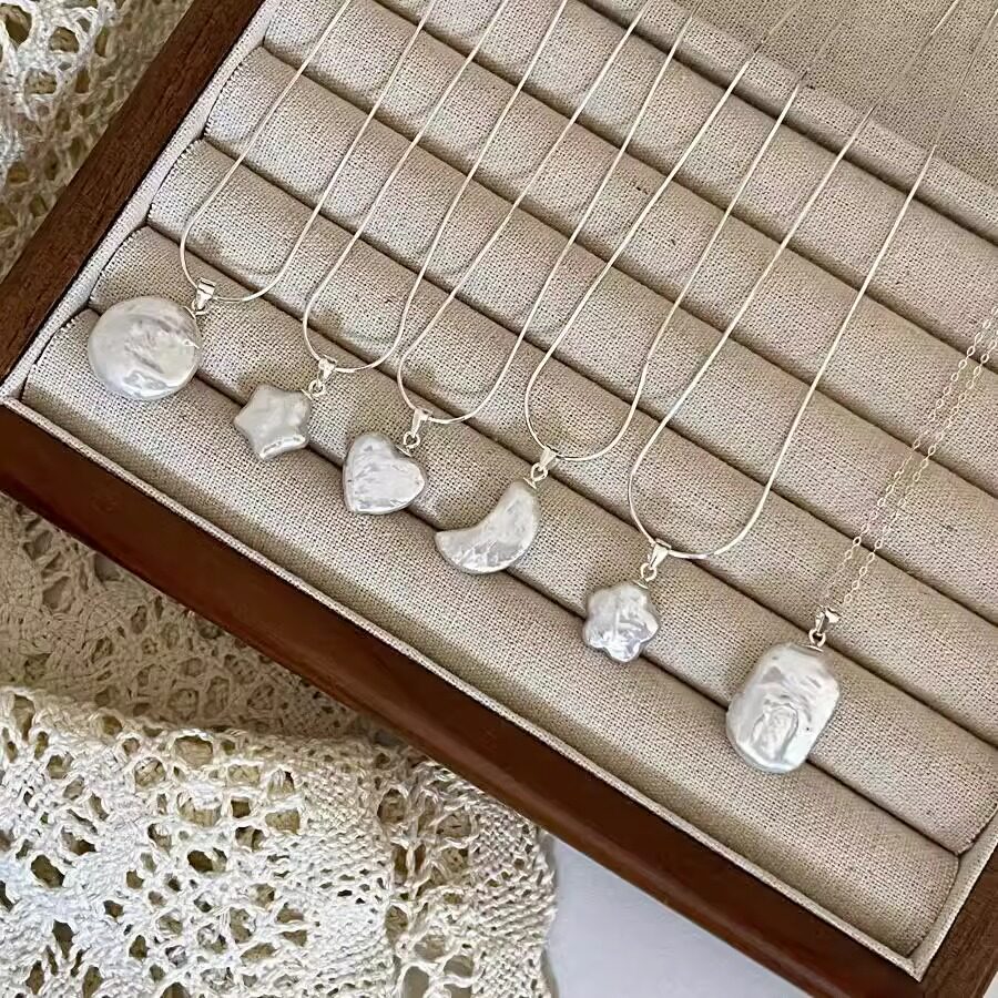 纯银天然淡水异形珍珠项链爱心月亮星星纽扣方块珍珠锁骨链女小众