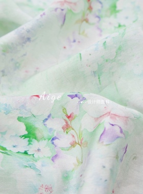 超仙珠光 淡绿色晕染小碎花印花天丝麻面料衬衫连衣裙汉服布料