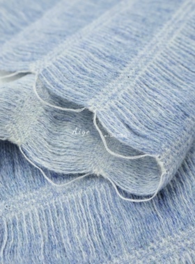 设计师款 蓝色花纱重磅横条纹流苏羊毛毛料面料大衣外套半裙布料